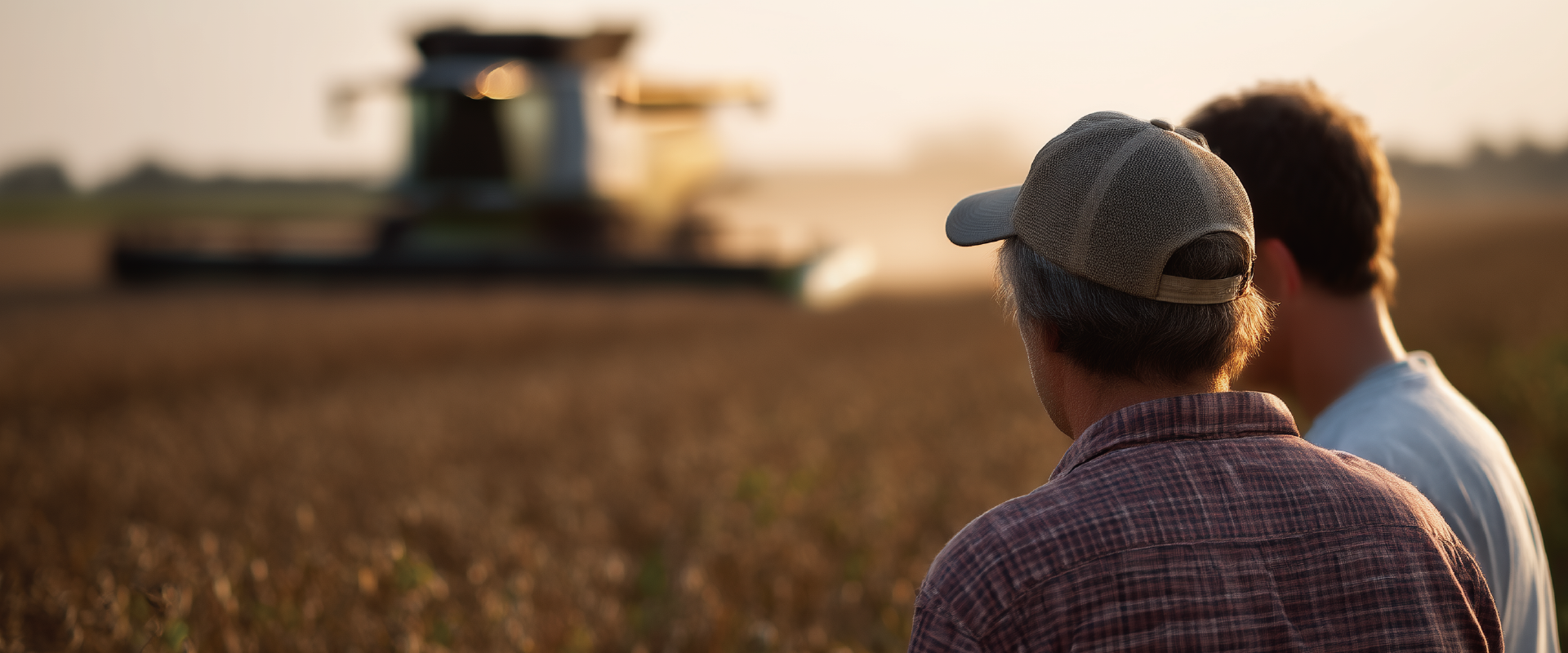 Gazdák aratás közben a kombájnra nézve, automata kormányzási rendszerrel támogatva